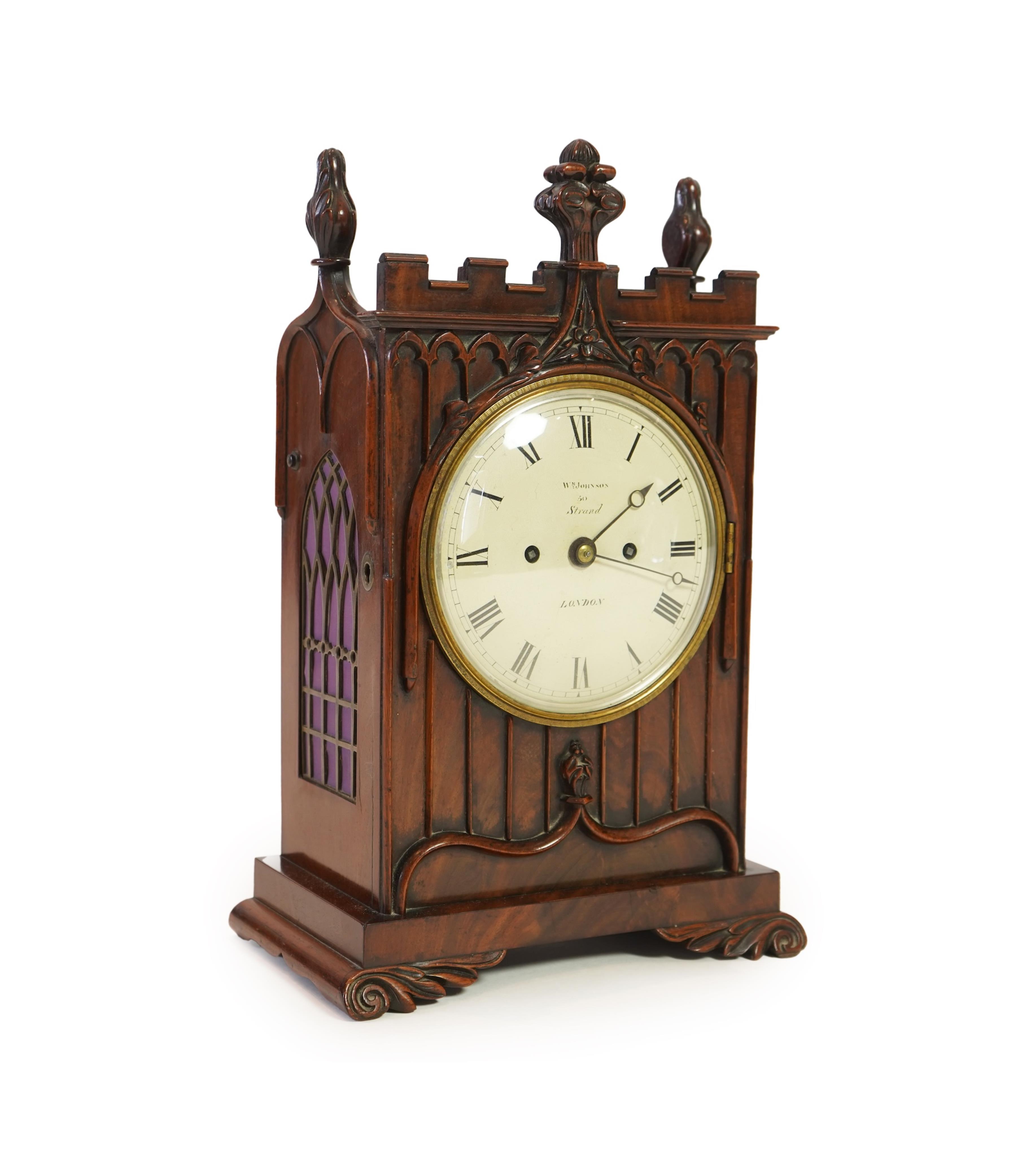 A small late Regency Gothic Revival mahogany bracket clock, signed William Johnson, 50 Strand London